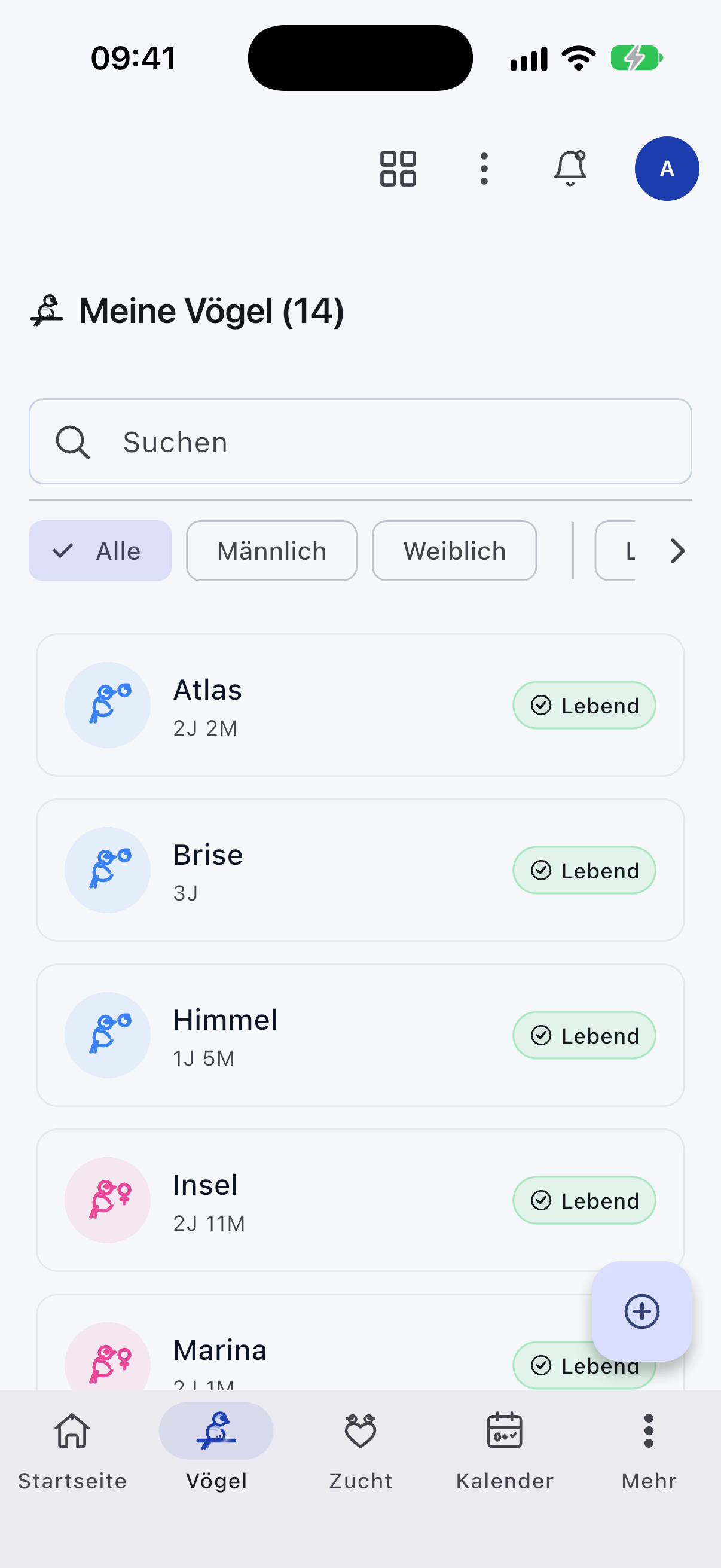 Vogelliste in der App