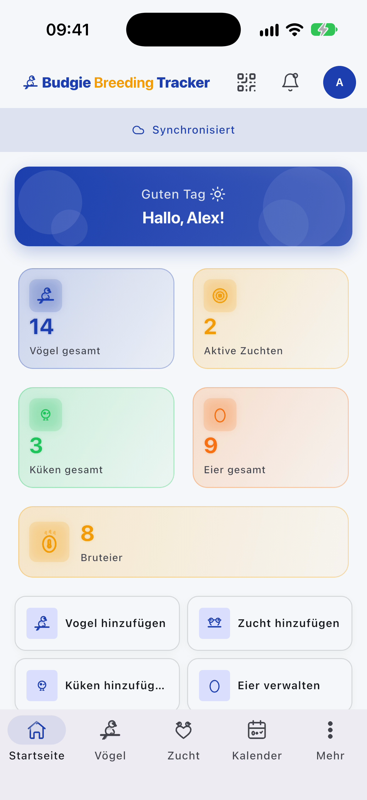 BudgieBreedingTracker Startbildschirm mit Vögeln, Zucht, Küken und Eiern