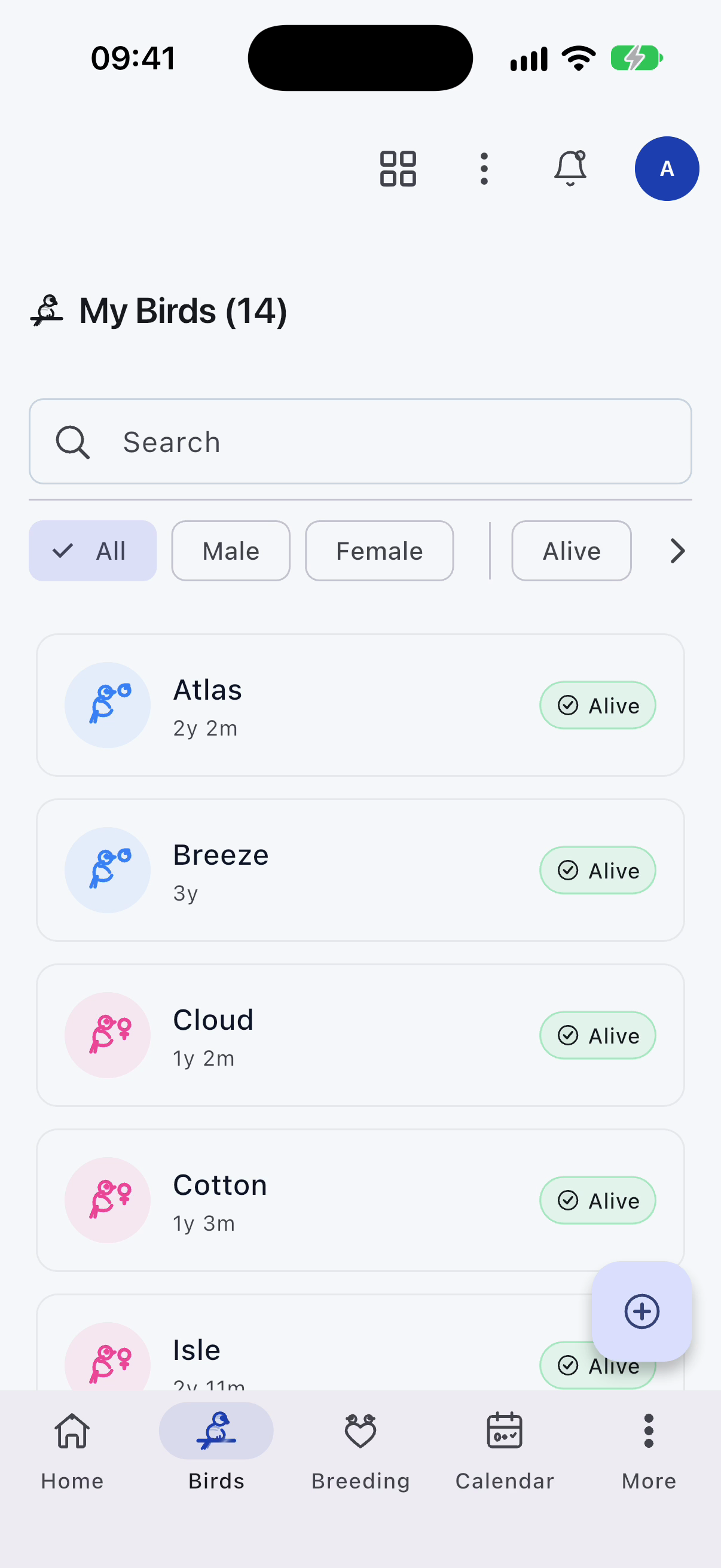 Bird list screen in the app