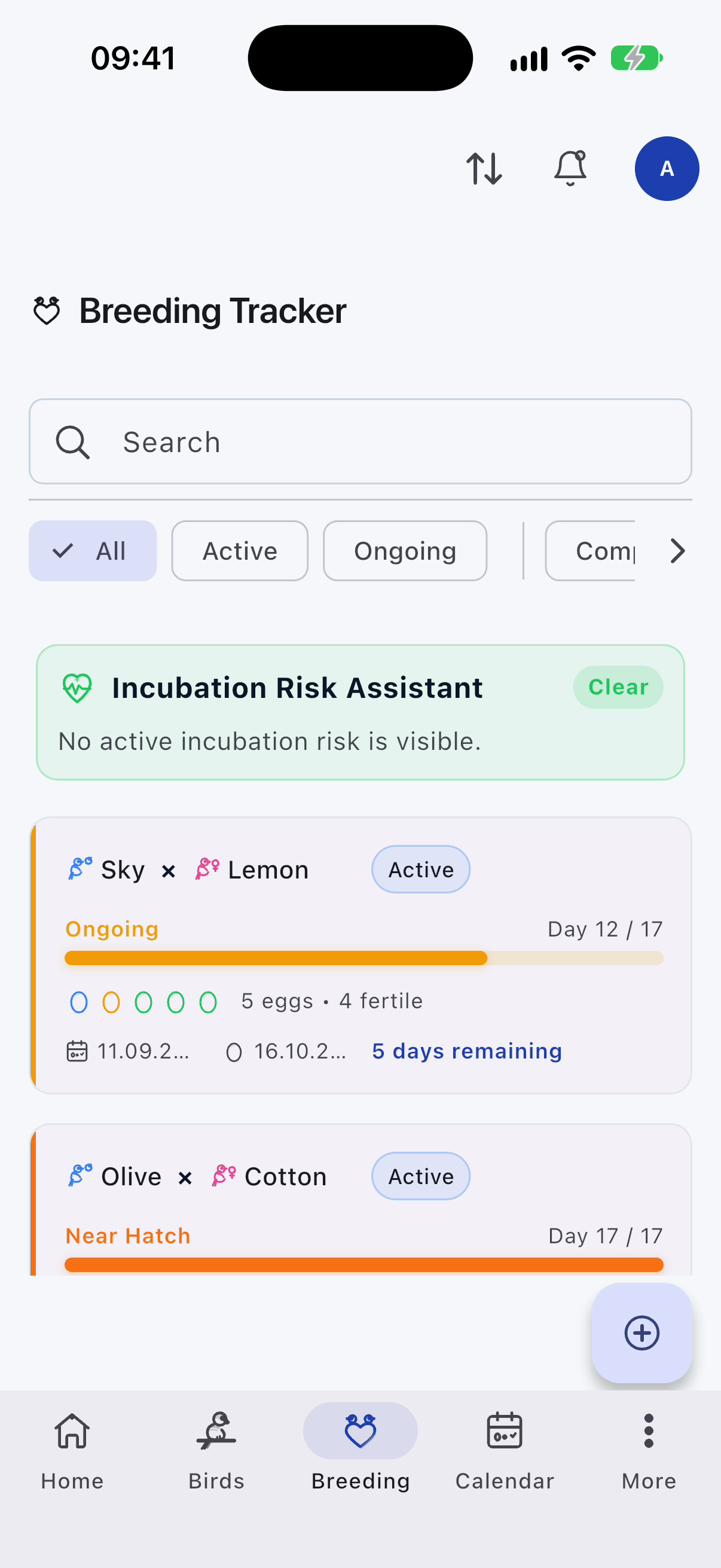 Breeding tracking screen in the app