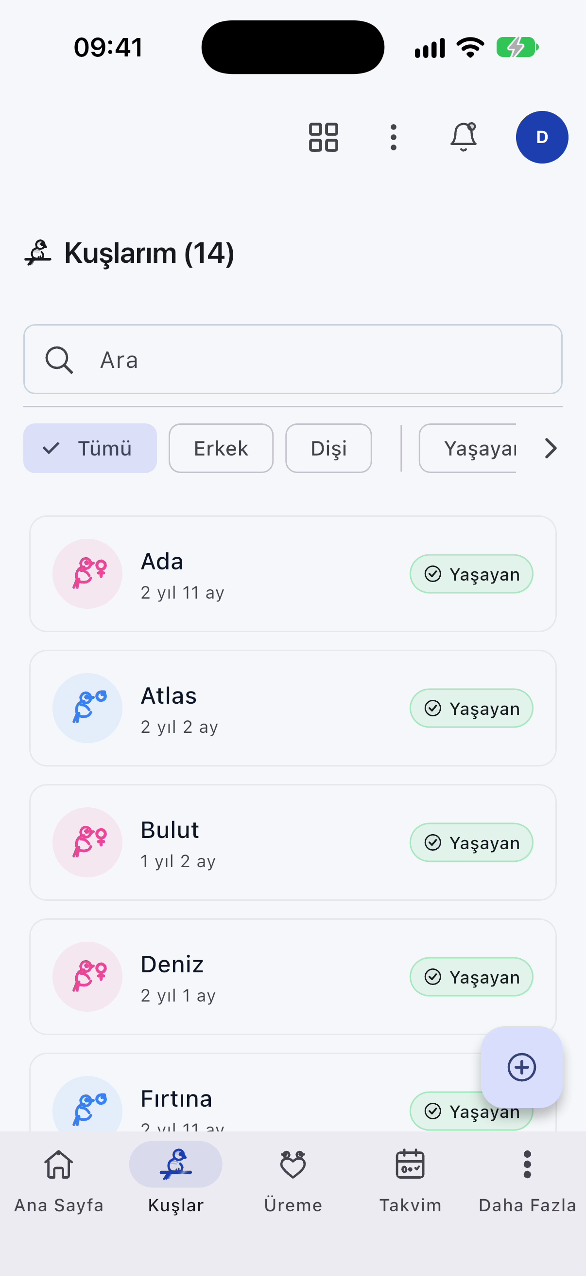 Uygulamadaki kuş listesi ekranı