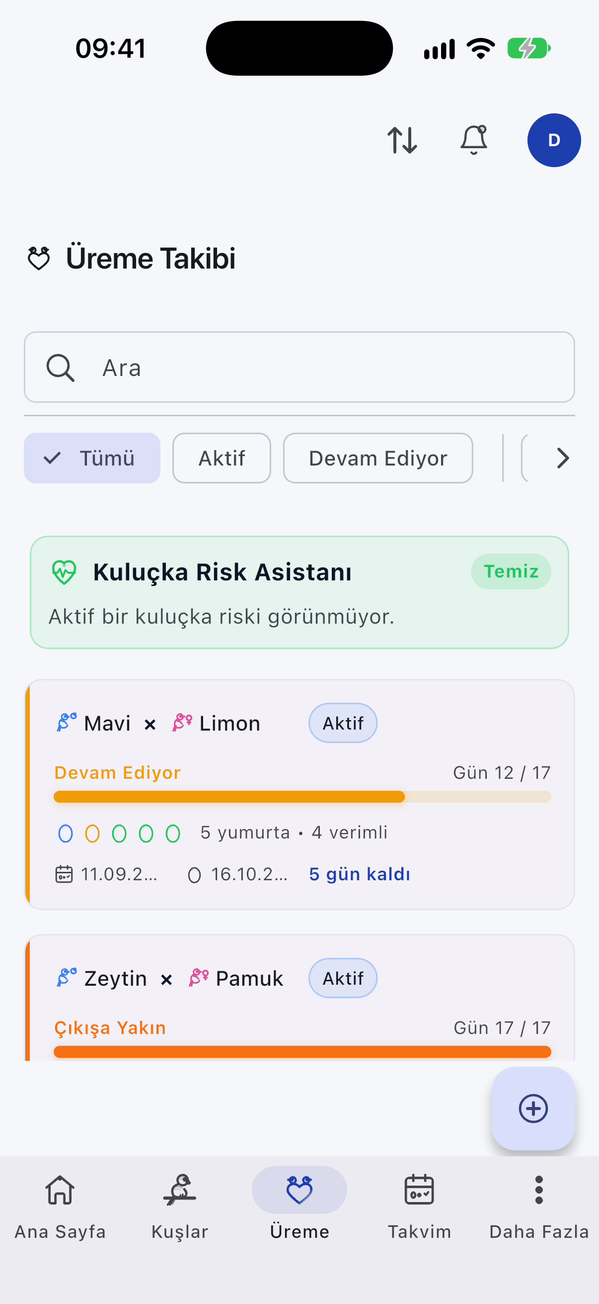 Uygulamadaki üreme takibi ekranı