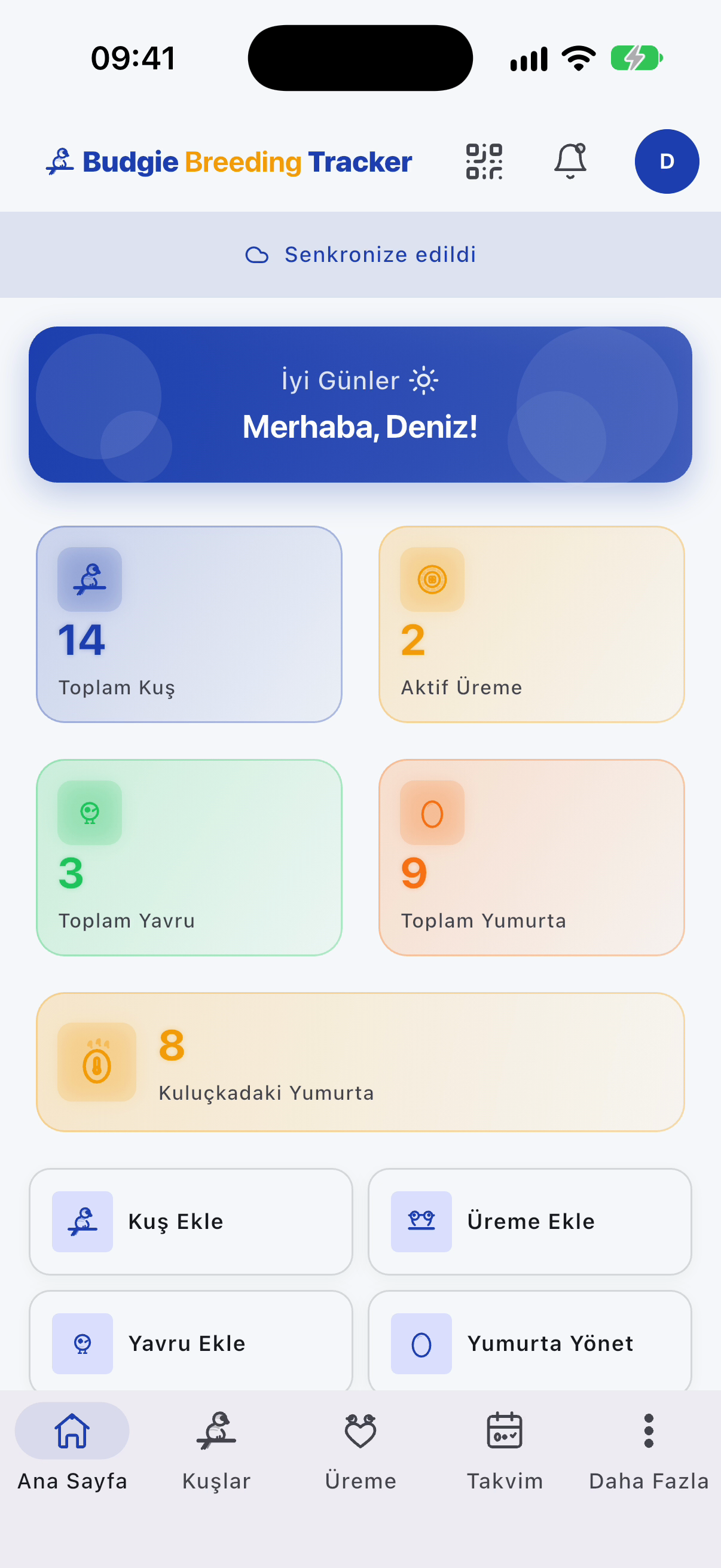 BudgieBreedingTracker ana ekranı: kuş, üreme, yavru ve yumurta özeti