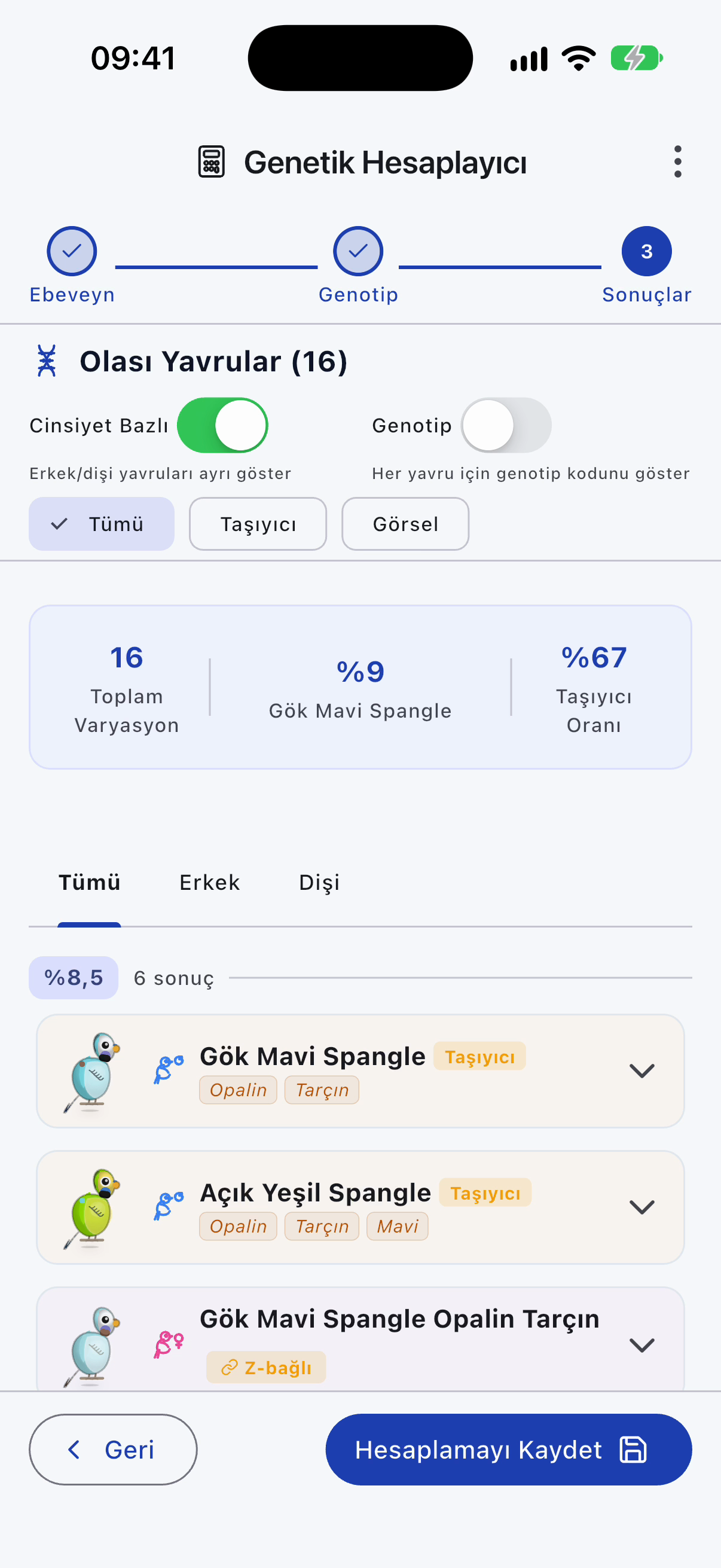 Uygulamadaki genetik ekranı